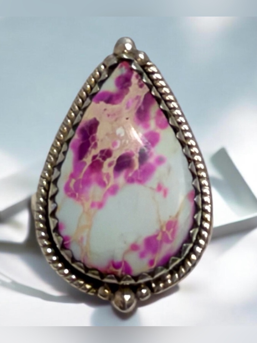 Purple White Teardrop Stone Sterling-Style Statement Ring